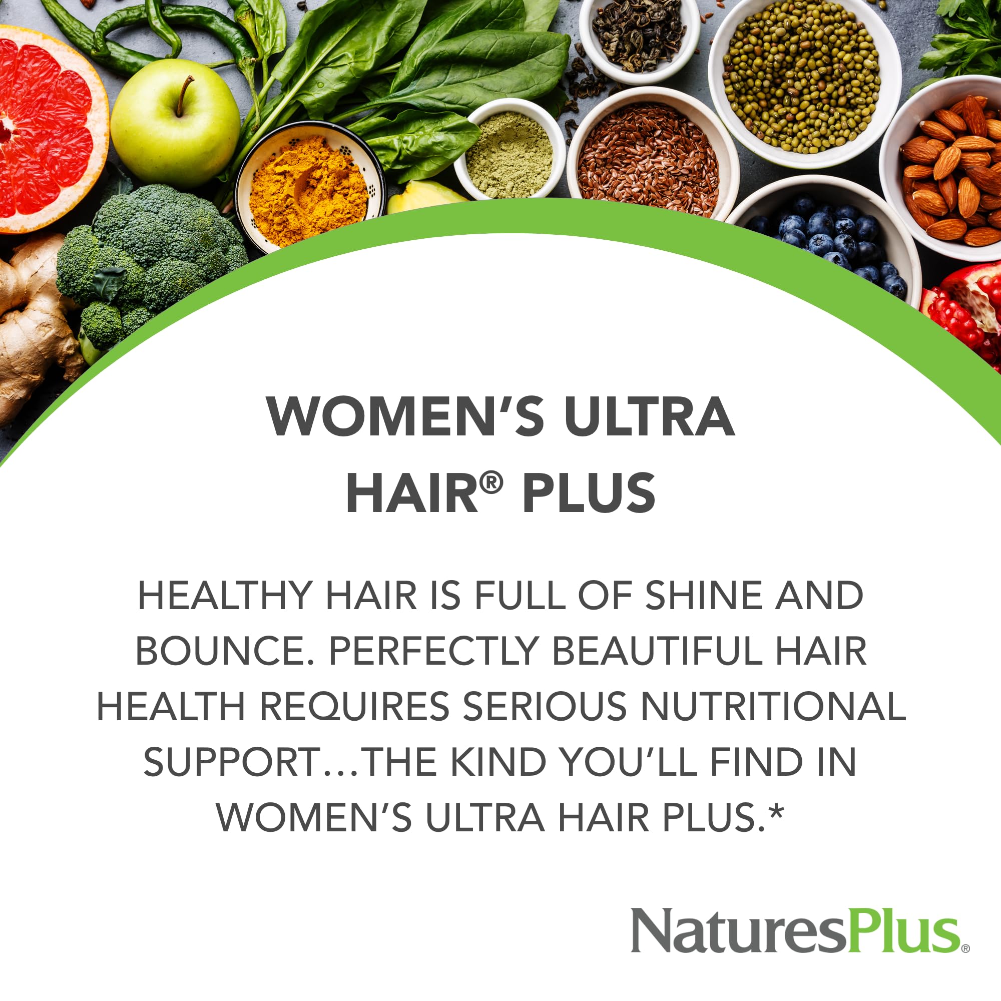 NaturesPlus Women’s Ultra Hair Plus tablets closeup for easy daily dosage