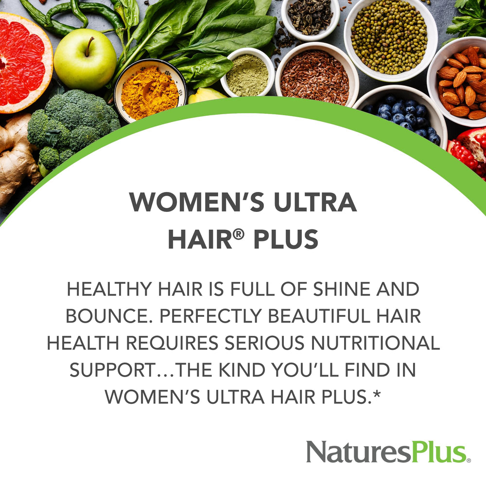 NaturesPlus Women’s Ultra Hair Plus tablets closeup for easy daily dosage