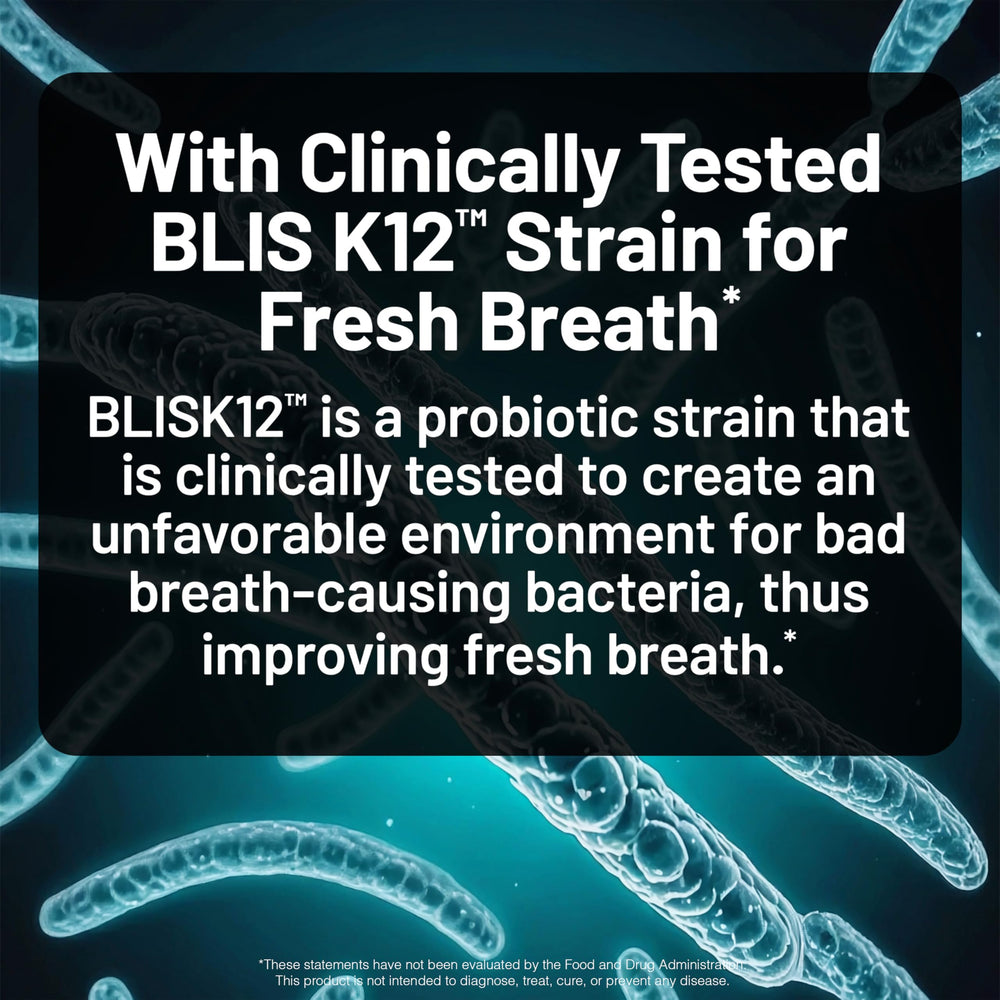 NatureWise BLIS K12 mint tablet close-up for breath support.