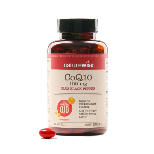 NatureWise CoQ10 100mg softgel bottle front, supporting daily energy and heart health.
