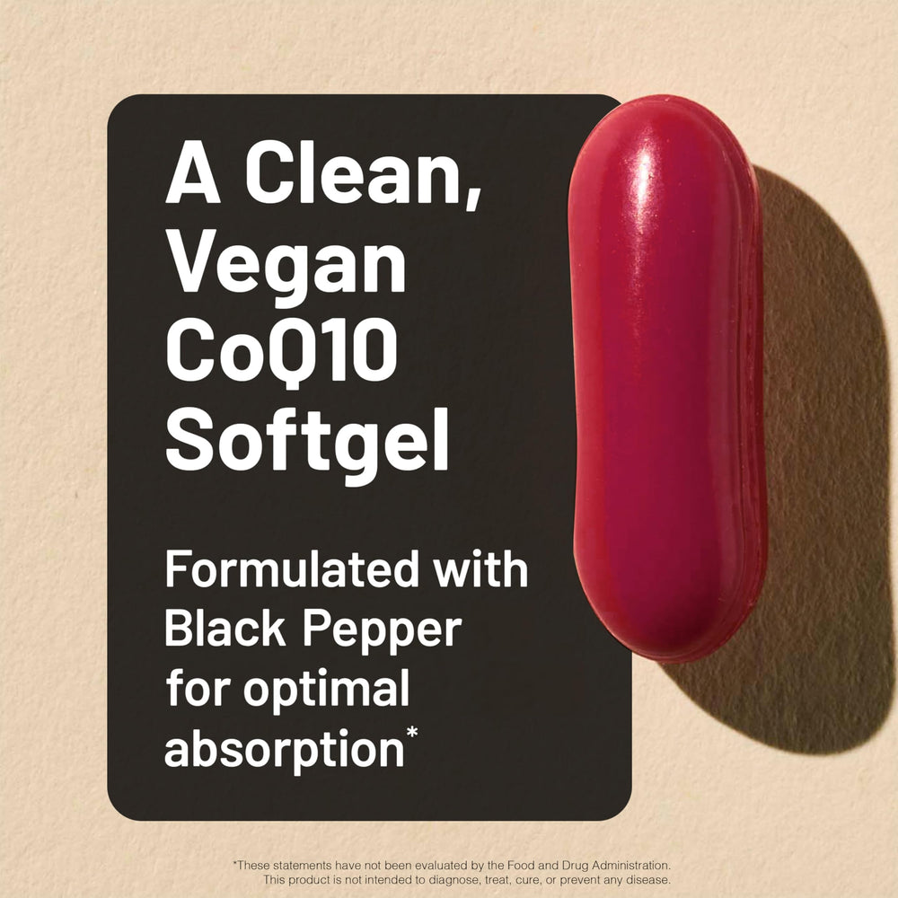 NatureWise CoQ10 softgel bottle close-up emphasizes black pepper absorption enhancer