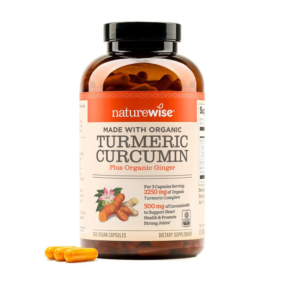 NatureWise Curcumin Turmeric bottle front shows vegan, non-GMO wellness focus.