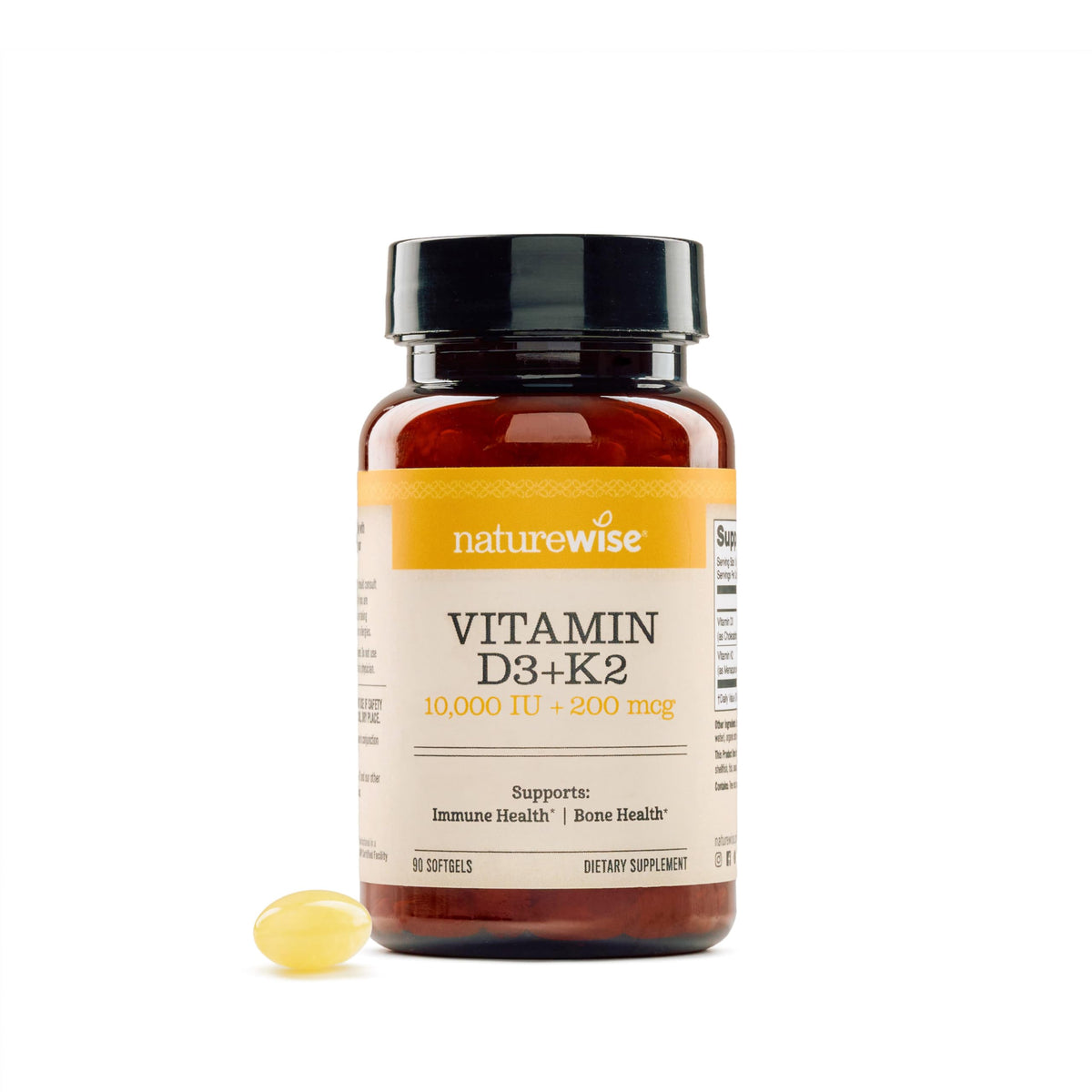 NatureWise D3 + K2 softgels bottle front supports calcium absorption.