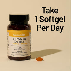 NatureWise D3 K2 softgels close-up with clear dosage information and labeling.
