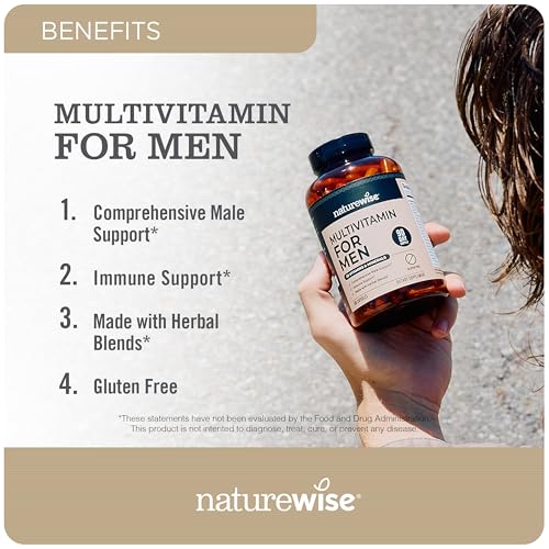 Close-up of NatureWise Men's Multivitamin capsules highlighting immune support.
