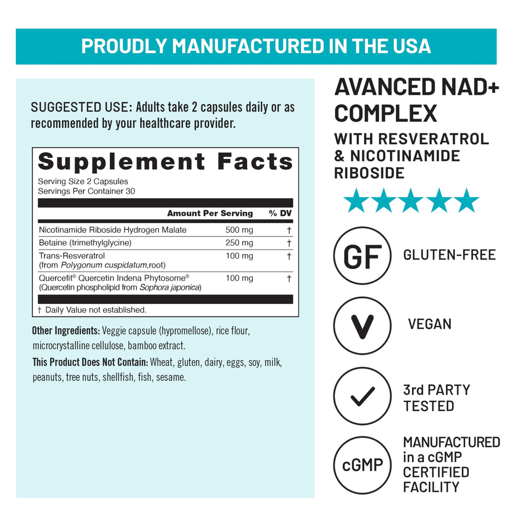 NatureWise NAD+ Support Complex resveratrol visible, signaling antioxidant support.