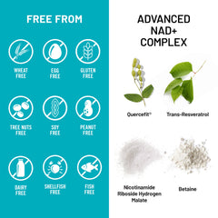 NatureWise NAD+ Support Complex vegan non-GMO formulation label displayed.