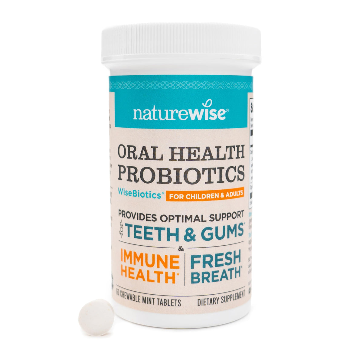 NatureWise oral probiotics bottle promotes fresh breath daily.