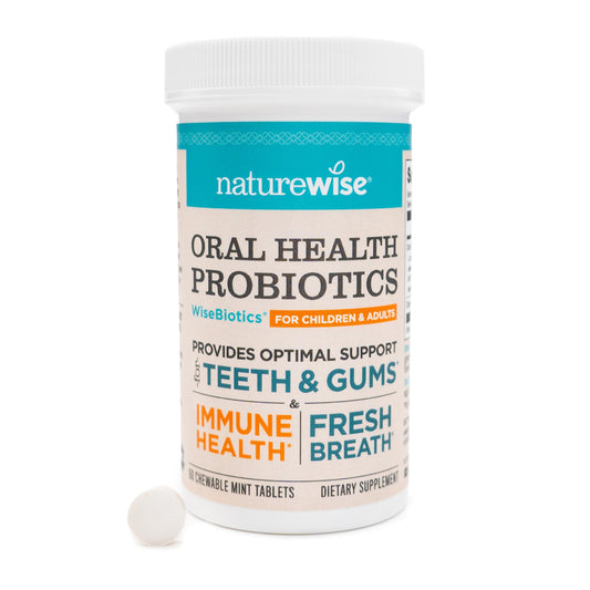 NatureWise oral probiotics bottle promotes fresh breath daily.