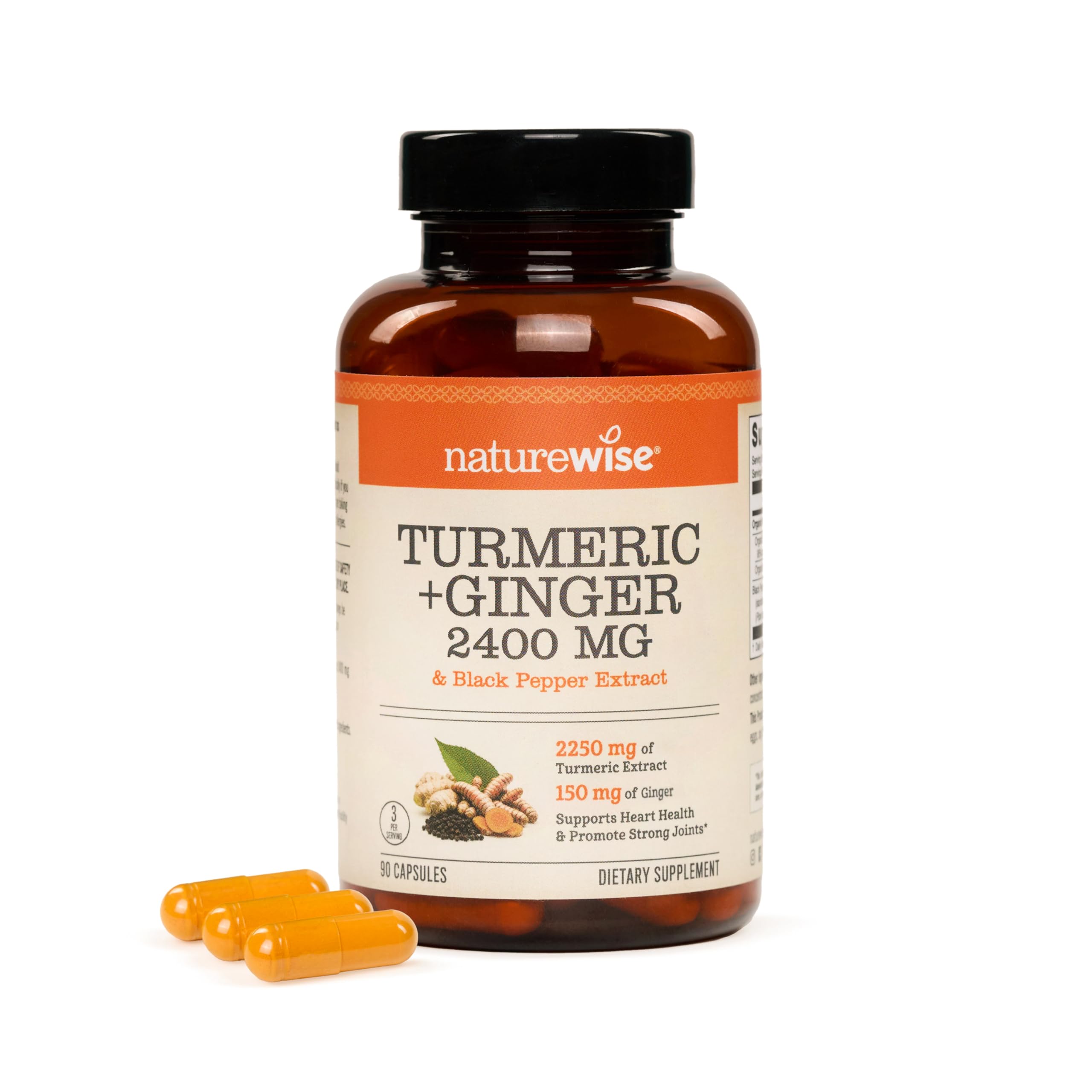 NatureWise Turmeric Curcumin + Ginger bottle shows vegan capsules for daily antioxidant support.