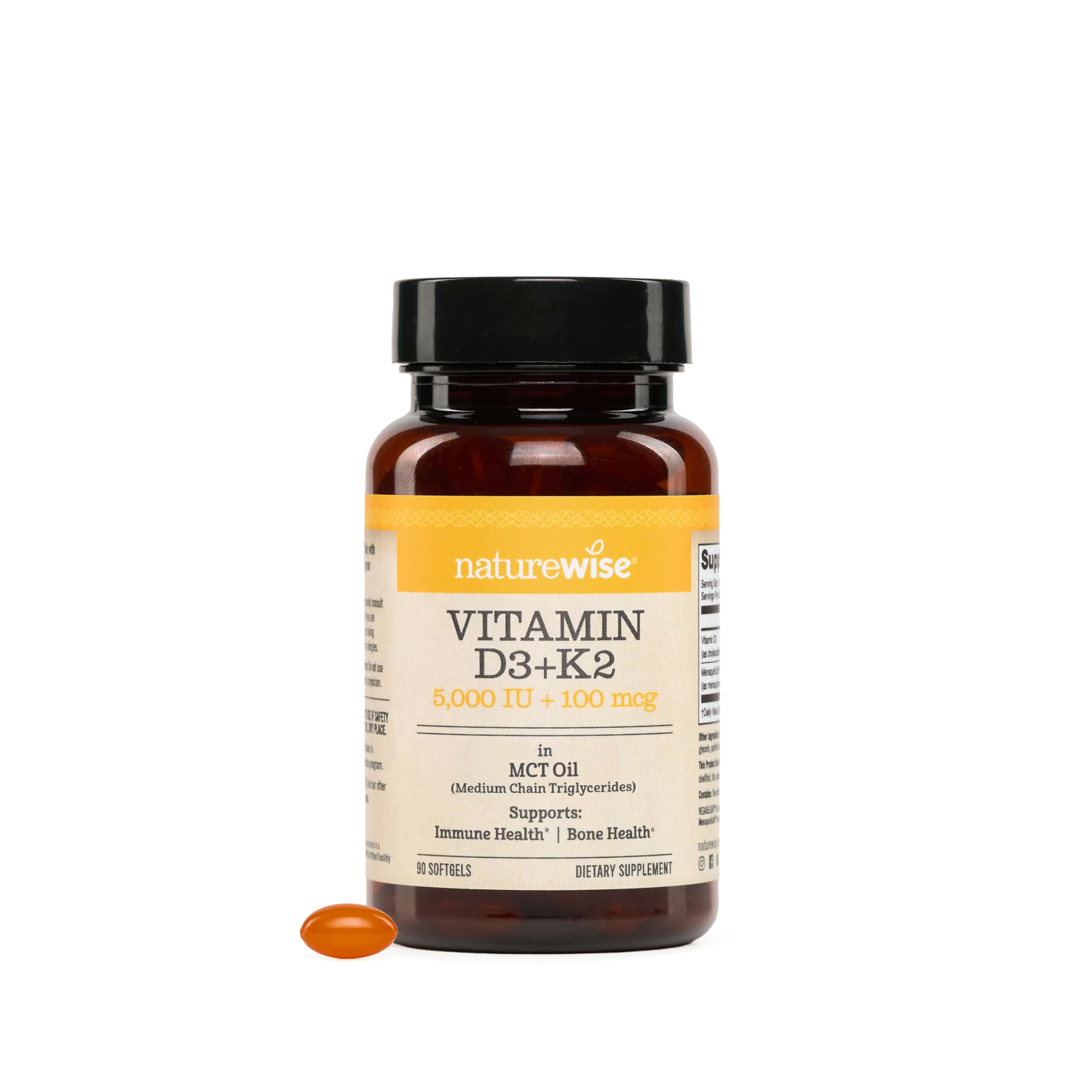 NatureWise vegan D3 K2 softgels bottle showing bone health support label