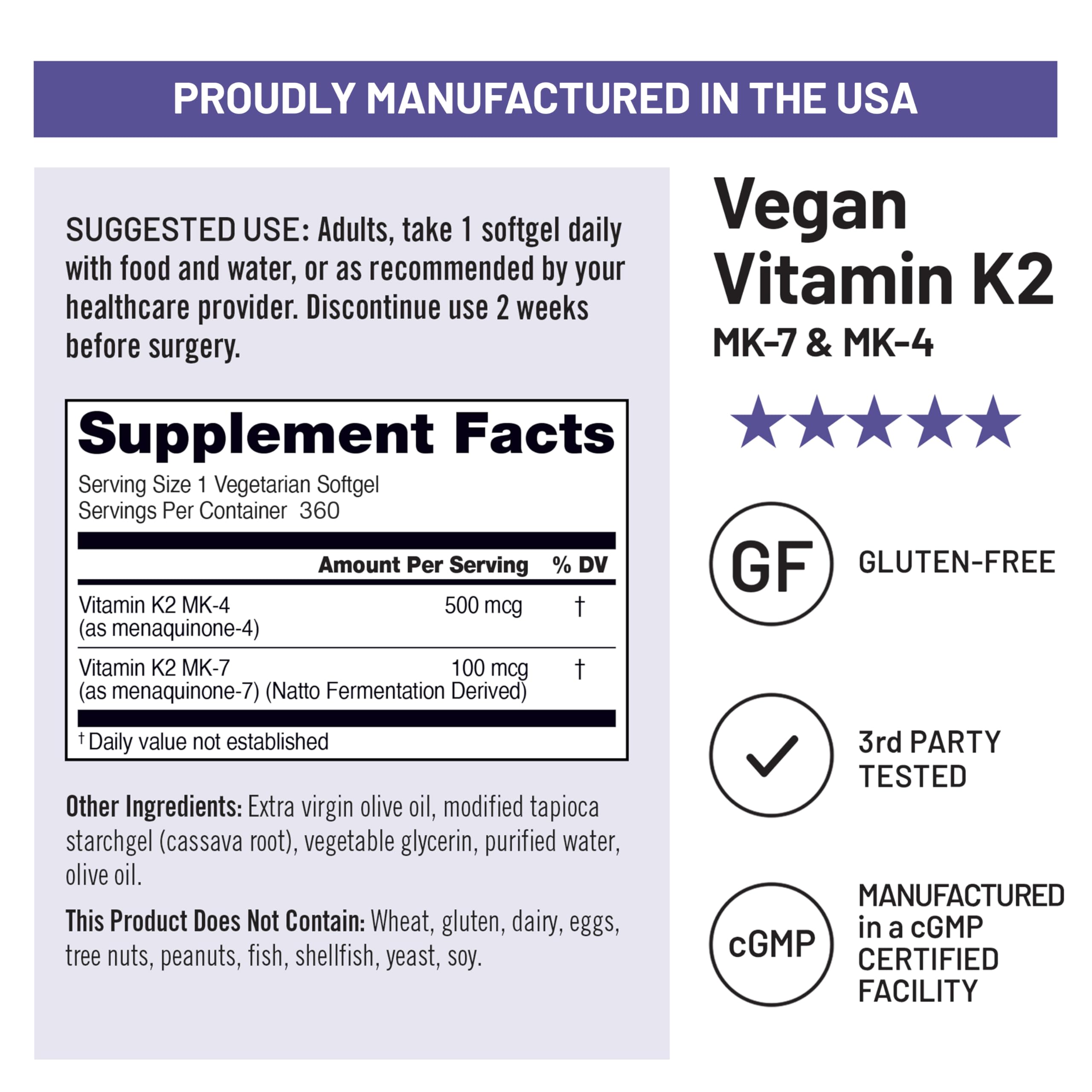 Vegan gluten-free icon for NatureWise Vitamin K2 indicating allergen-conscious option