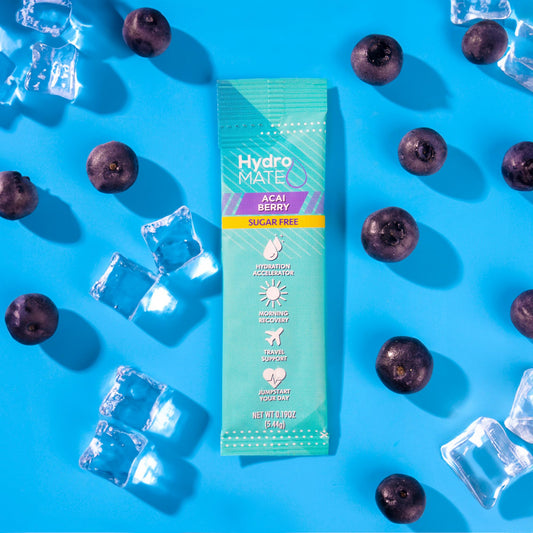 NatureWorks HydroMATE Acai Berry stick packet opened for travel-friendly hydration