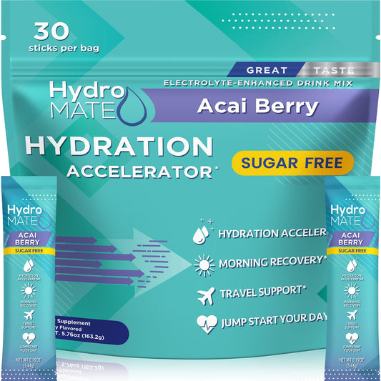 NatureWorks HydroMATE Acai Berry electrolyte stick poured into water for rapid hydration
