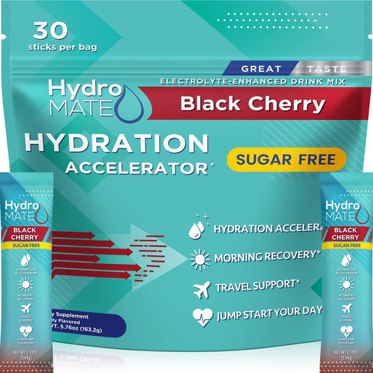 NatureWorks HydroMATE electrolyte powder black cherry stick for fast hydration on the go.