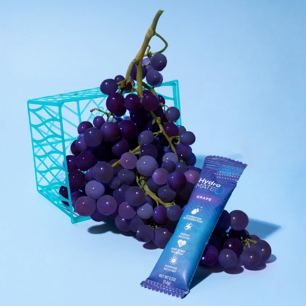 NatureWorks HydroMATE grape sachets close-up highlighting flavor and portability.