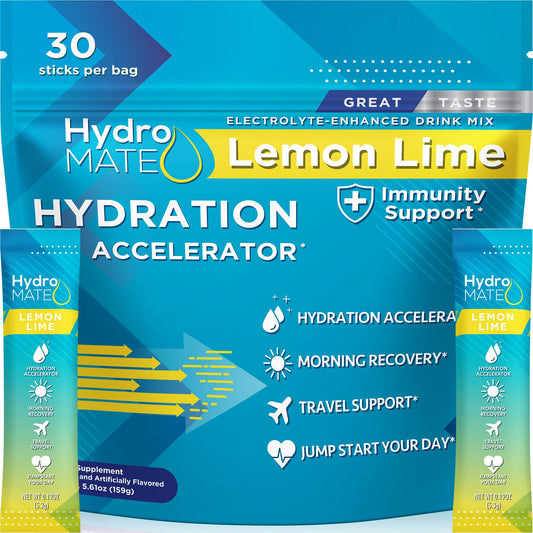 NatureWorks HydroMATE lemon-lime packets front, convenient on-the-go hydration.
