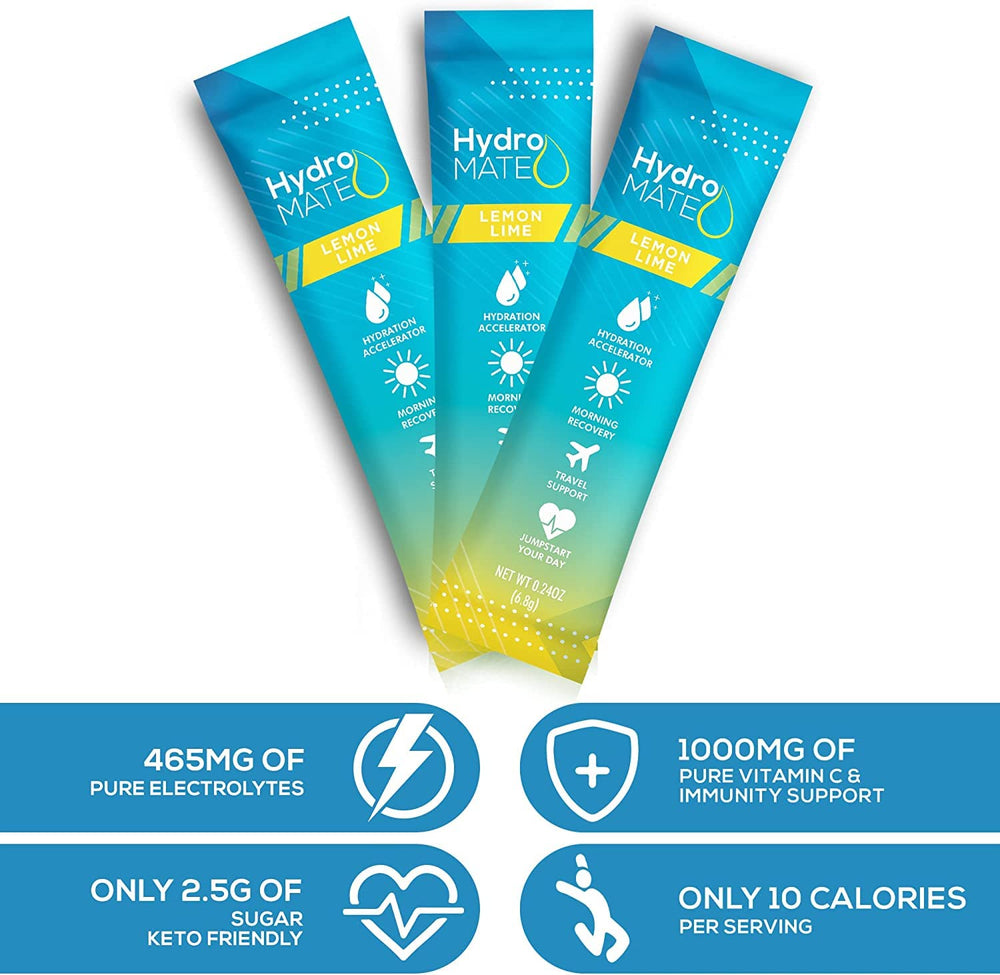 NatureWorks HydroMATE lemon-lime, USA-made hydration solution.