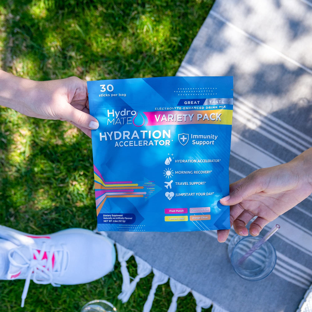 HydroMATE packet pour demonstrating quick hydration for workouts