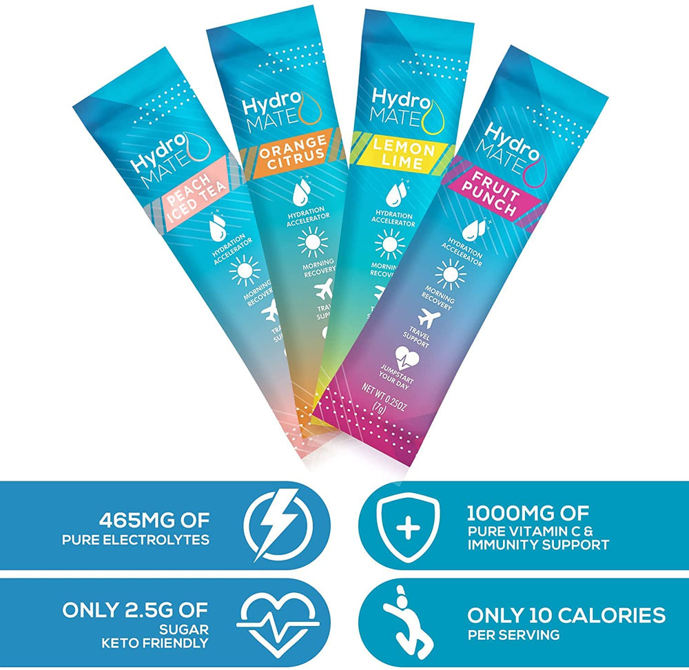 HydroMATE packets on a desk suggesting easy daily hydration routine
