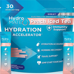 NatureWorks HydroMATE peach tea packet close-up for on-the-go hydration.