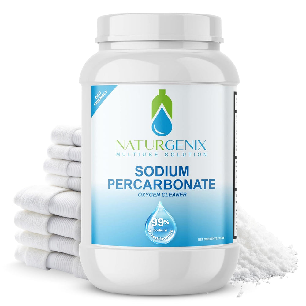 Naturgenix Sodium Percarbonate Powder packaging highlights purity and multi-use cleaning potential.