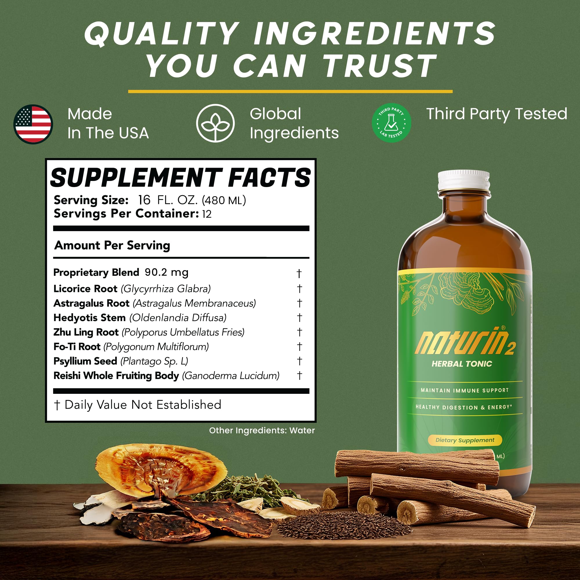 NATURIN2 natural-energy astragalus-reishi bottle pouring for steady daytime vitality.