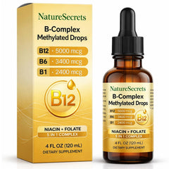NATURESECRETS B-Complex methylated drops bottle shows daily energy support potential.