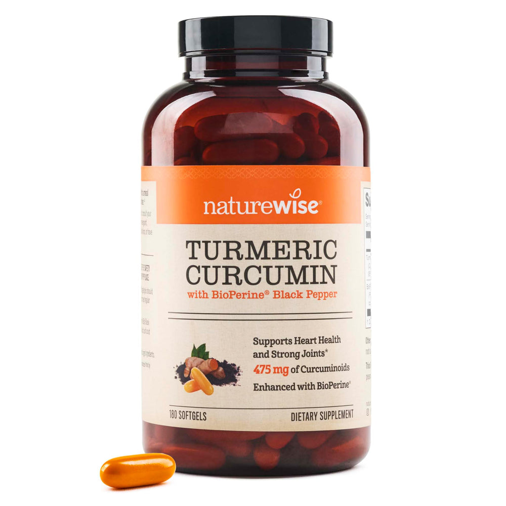 NatureWise turmeric curcumin bottle front with 6-month supply for daily use.