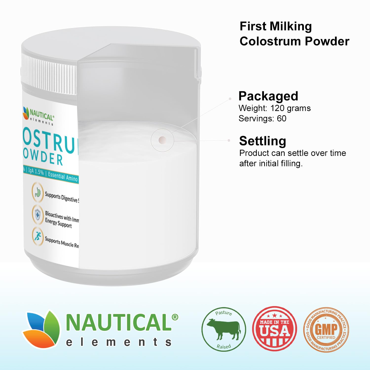 Nautical Elements Colostrum Powder comes in a 120g bottle for easy daily use.