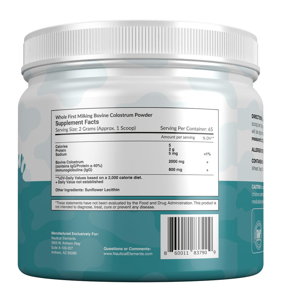 Nautical Elements Colostrum Powder for daily use on kitchen counter.