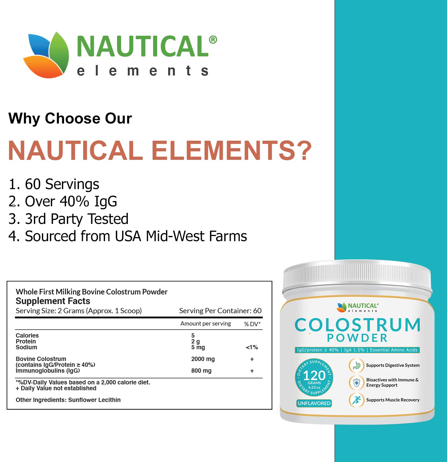 Nautical Elements Colostrum Powder comes from grass-fed cattle in the USA Midwest for mindful consumption.