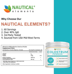 Nautical Elements Colostrum Powder comes from grass-fed cattle in the USA Midwest for mindful consumption.