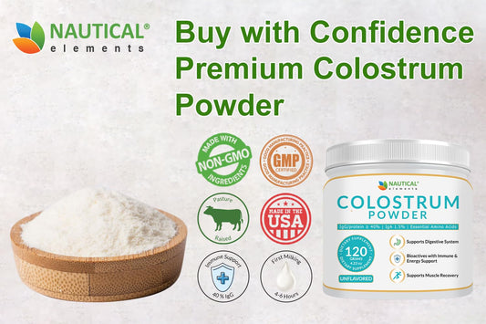 Nautical Elements Colostrum Powder highlights 40% IgG to support daily vitality.