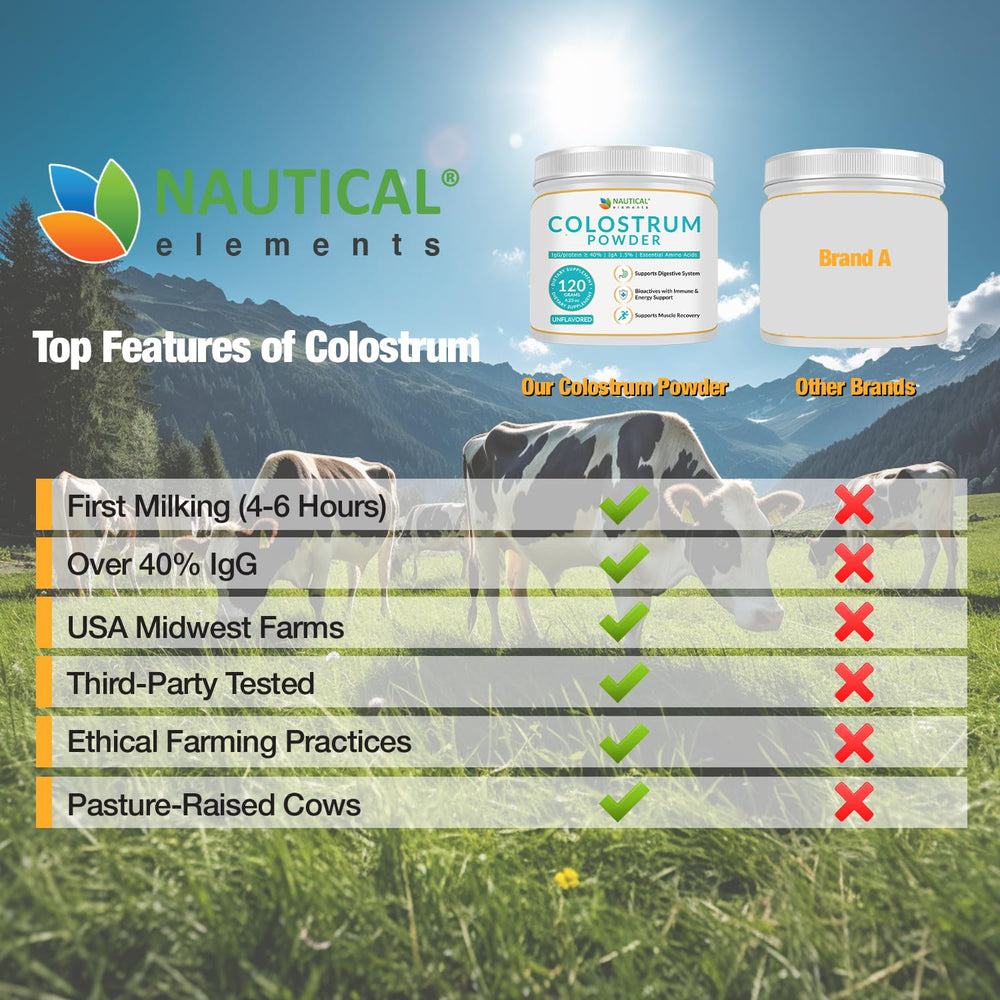 Nautical Elements Colostrum Powder is enriched with lactoferrin and oligosaccharides for daily nourishment.