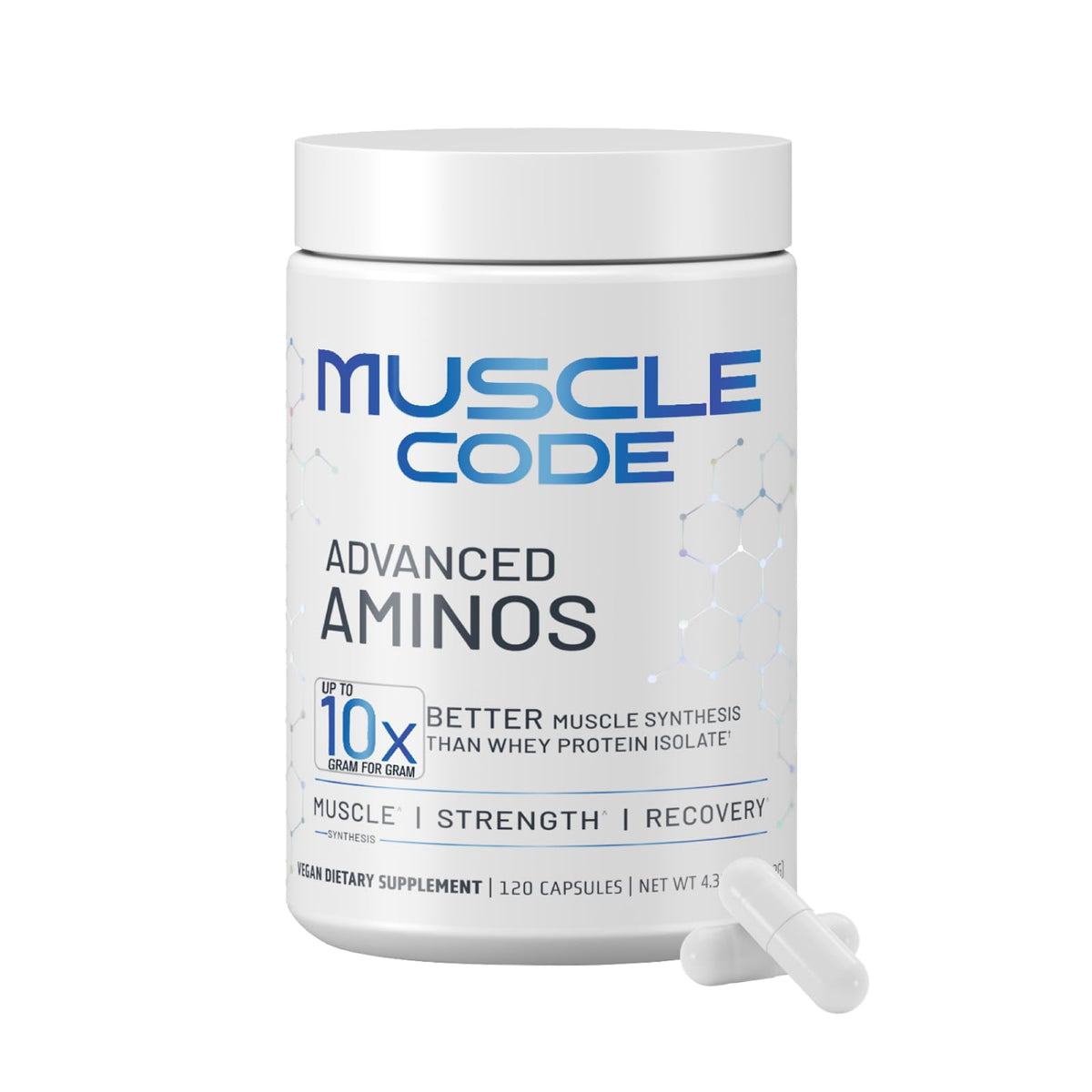 NAUTILUS Muscle Code capsules bottle closeup highlights vegan, sugar-free formula for lean muscle support