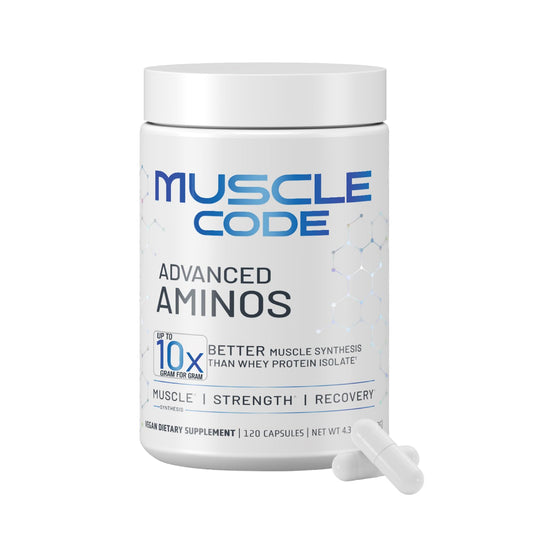 NAUTILUS Muscle Code capsules bottle closeup highlights vegan, sugar-free formula for lean muscle support