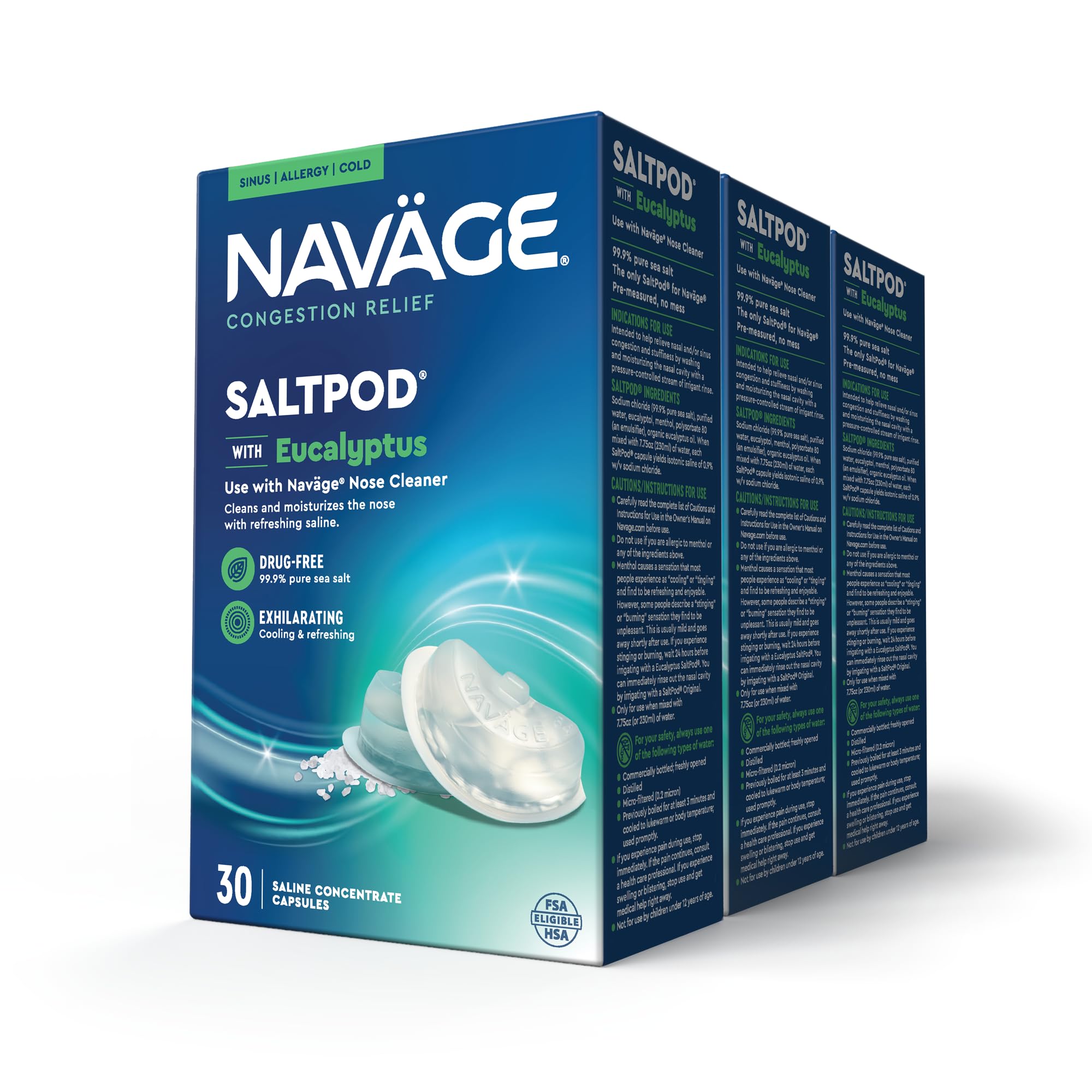 Navage eucalyptus SaltPod capsules packaging for easy refills and quick relief.