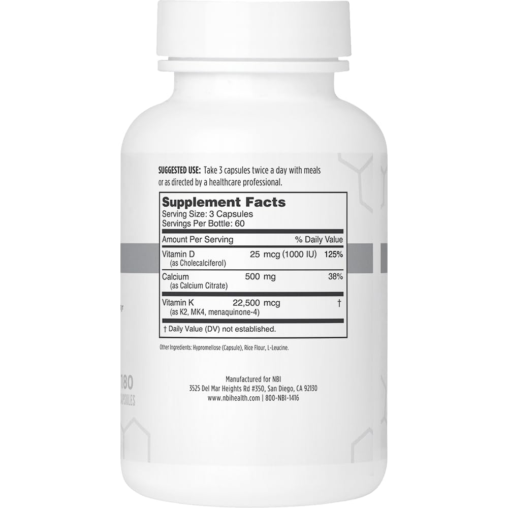 NBI Osteo-K capsules close-up highlighting calcium citrate and MK4 formula.