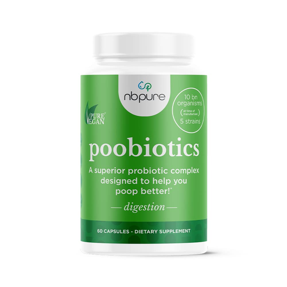 nbpure Poobiotics bottle label shows six probiotic strains for gut balance