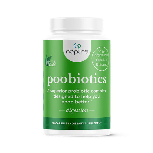nbpure Poobiotics bottle label shows six probiotic strains for gut balance