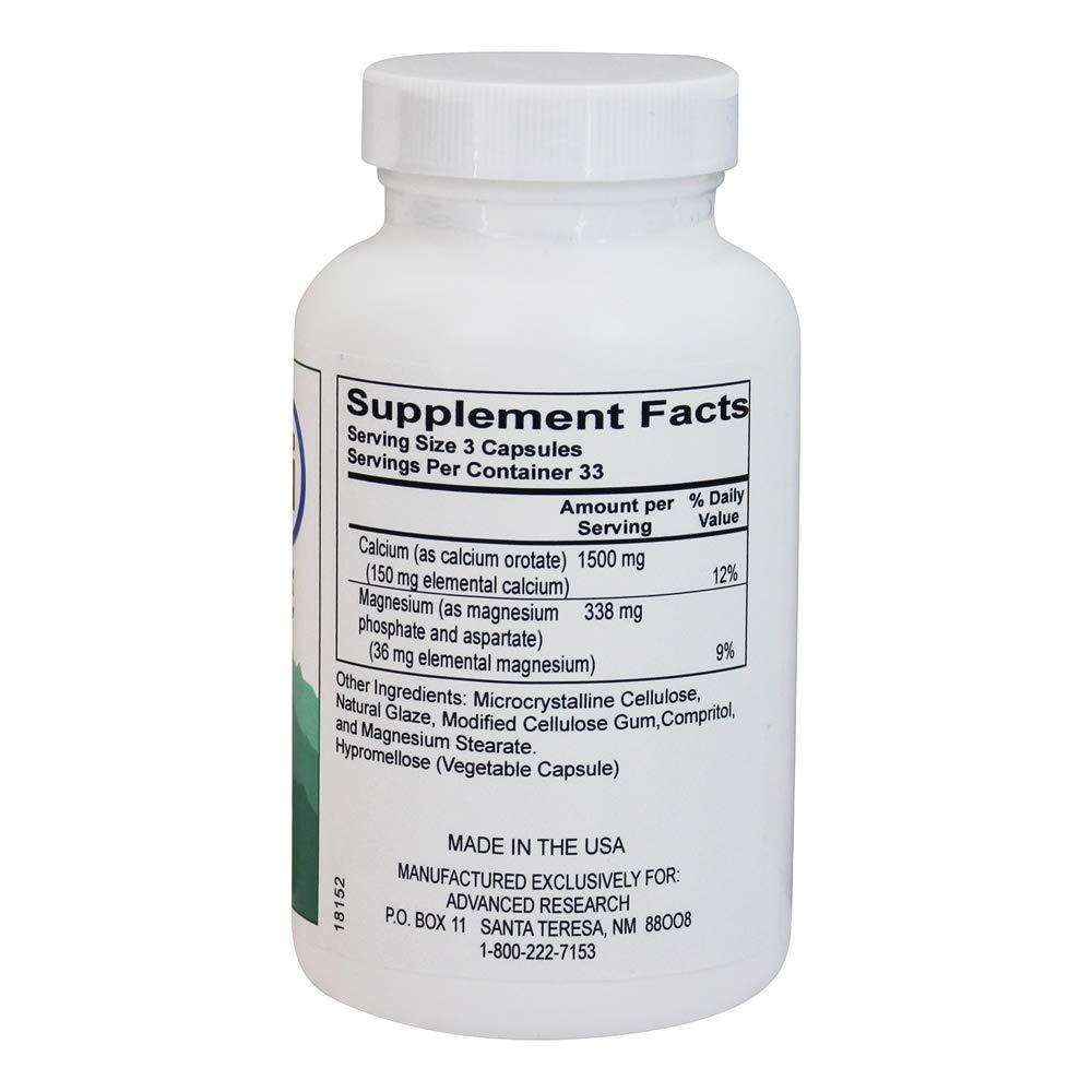 NCI Advanced Research calcium orotate bottle label highlights USA-made manufacturing quality.