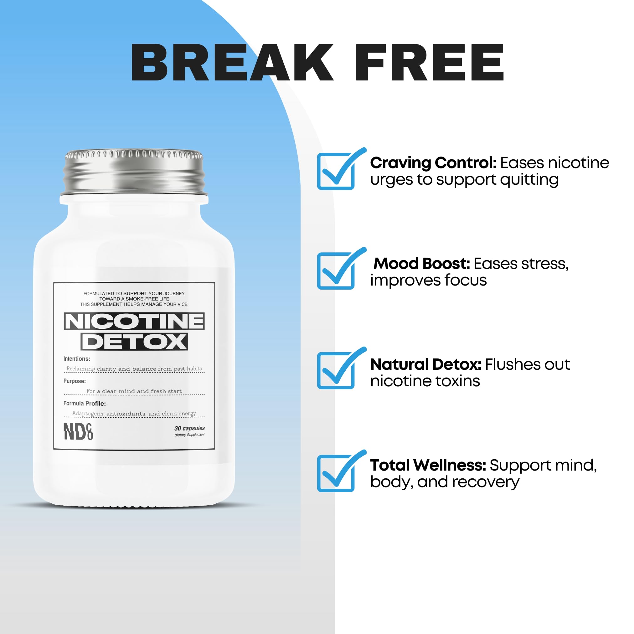 NDCO Nicotine Detox label view showing herbal blend designed to curb cravings.