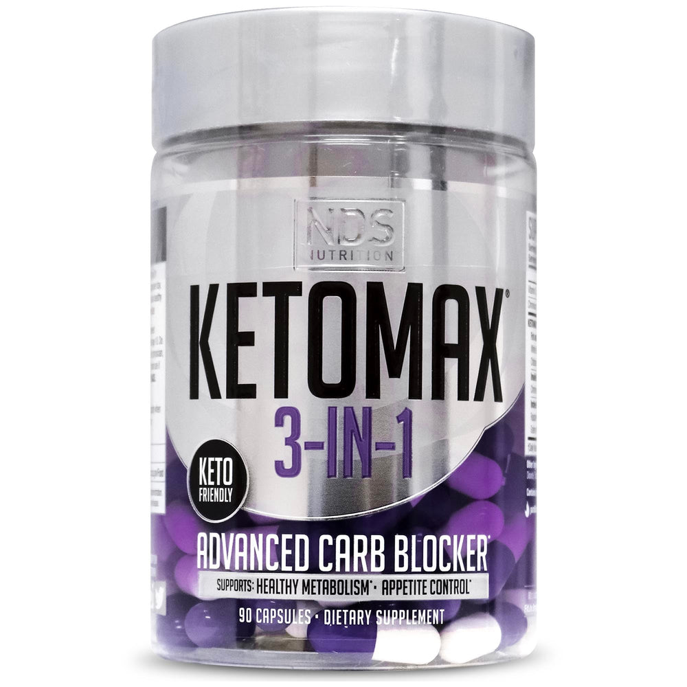 NDS Keto-Max Advanced 3-in-1 bottle, convenient capsules for carb-aware meals.