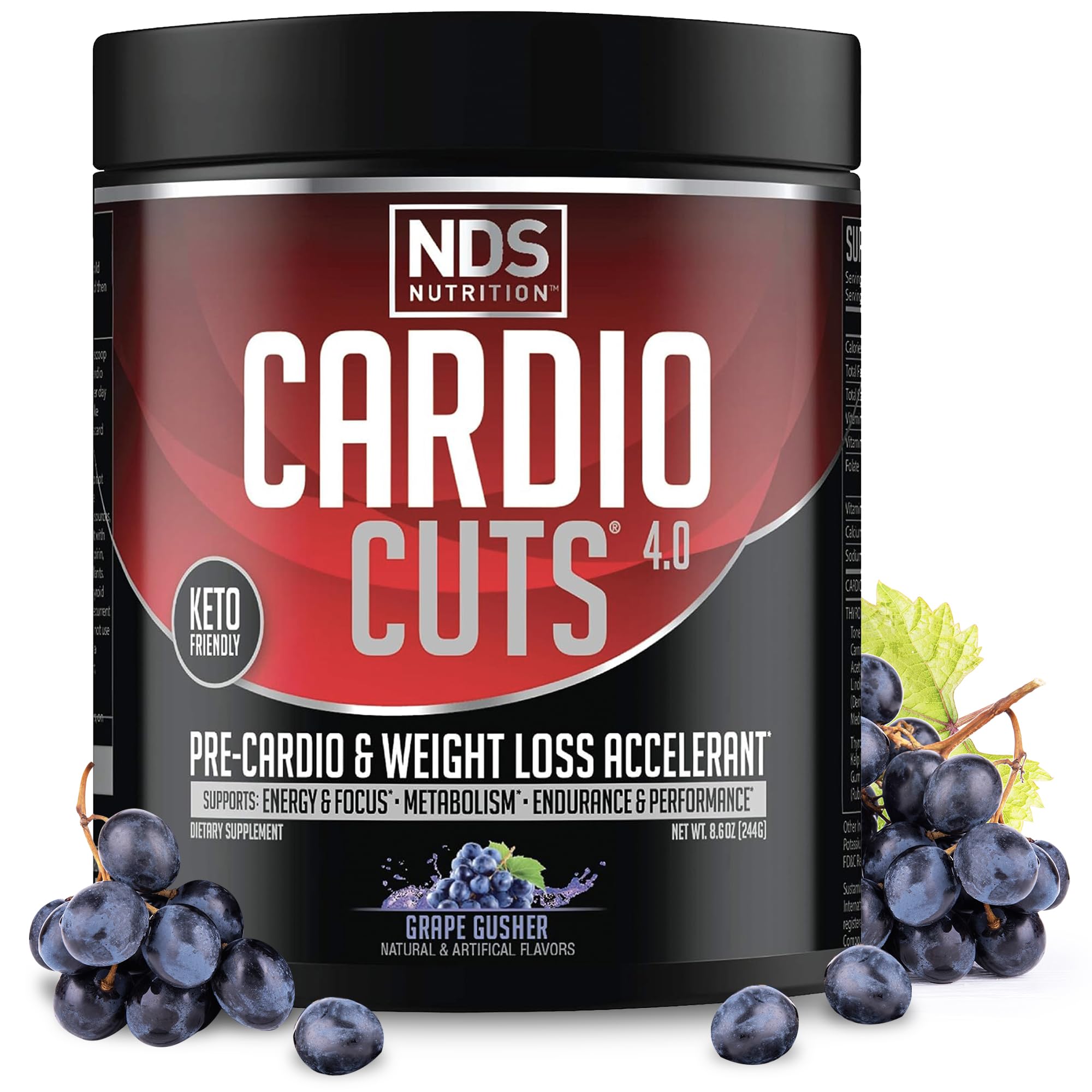 NDS Nutrition Cardio Cuts 4.0 grape gusher bottle showing pre-workout energy for workouts