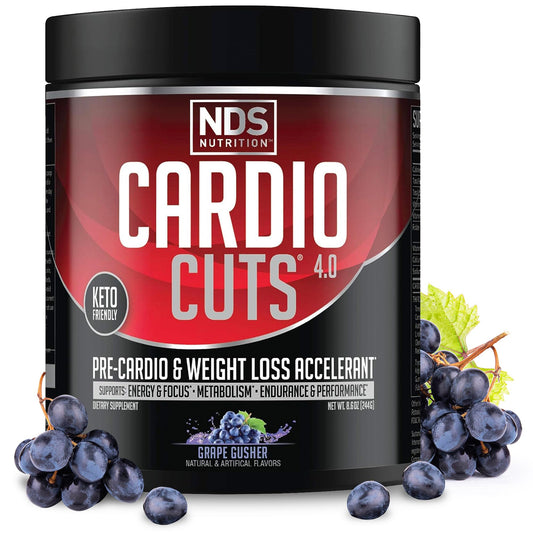NDS Nutrition Cardio Cuts 4.0 grape gusher bottle showing pre-workout energy for workouts