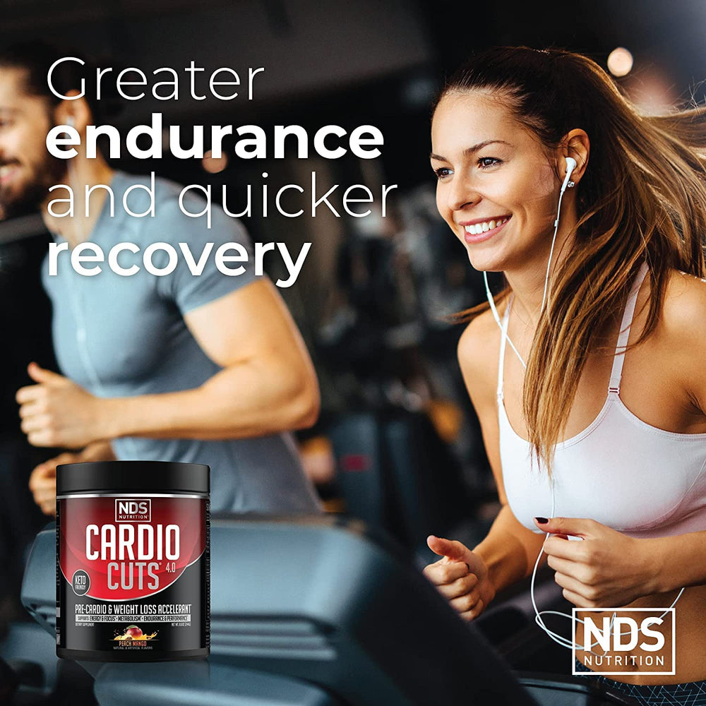 NDS Cardio Cuts 4.0 ingredients panel highlights CLA and MCTs for toning.