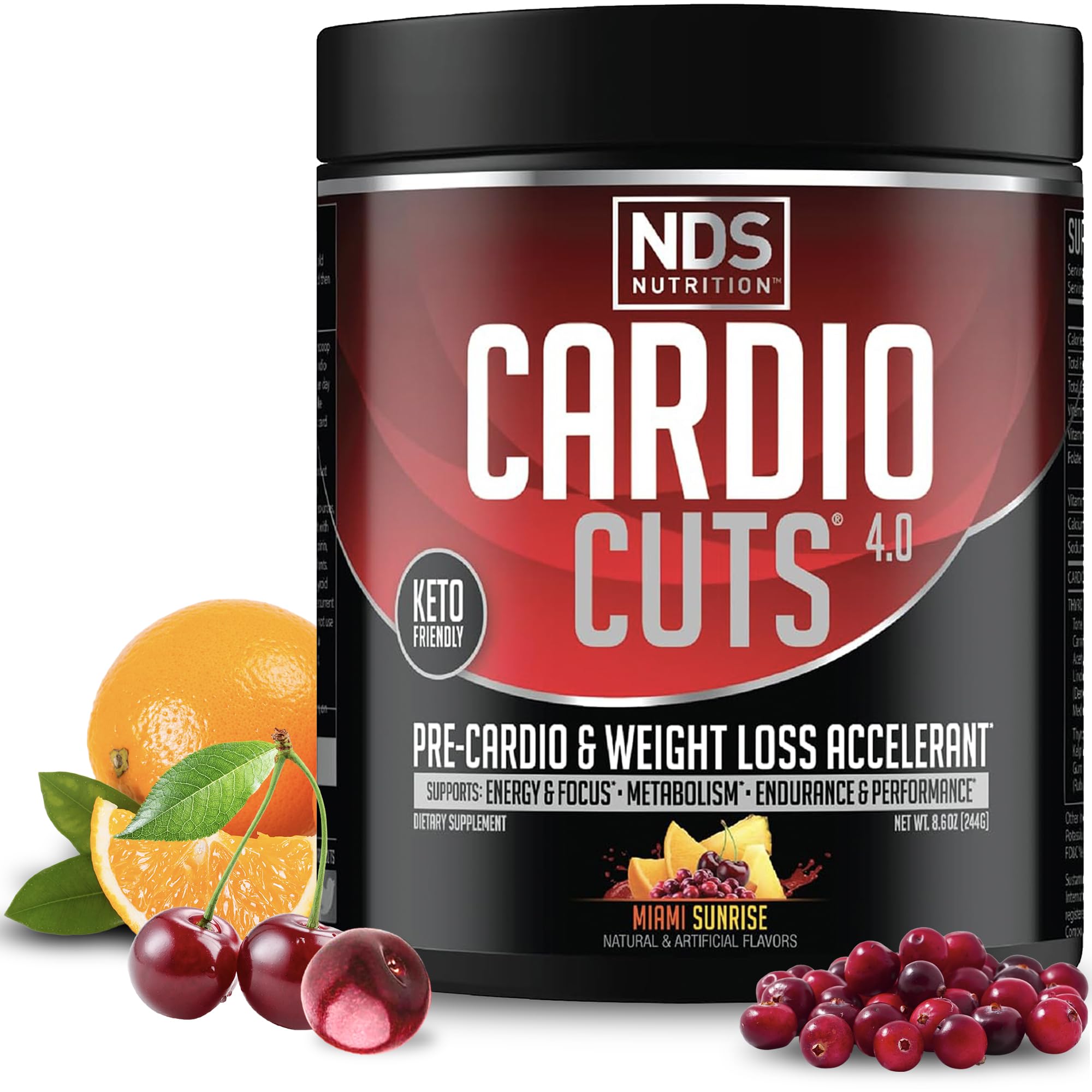 NDS Nutrition Cardio Cuts 4.0 Miami Sunrise bottle shown for pre-workout energy