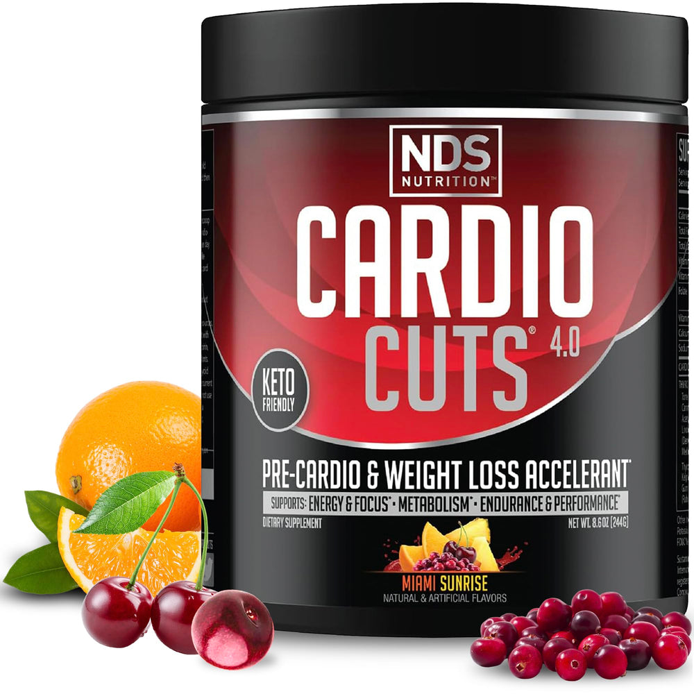 NDS Nutrition Cardio Cuts 4.0 Miami Sunrise bottle shown for pre-workout energy