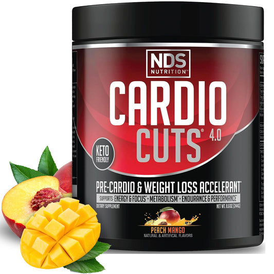 NDS Nutrition Cardio Cuts 4.0 peach mango tub ready for a pre-workout energy boost.